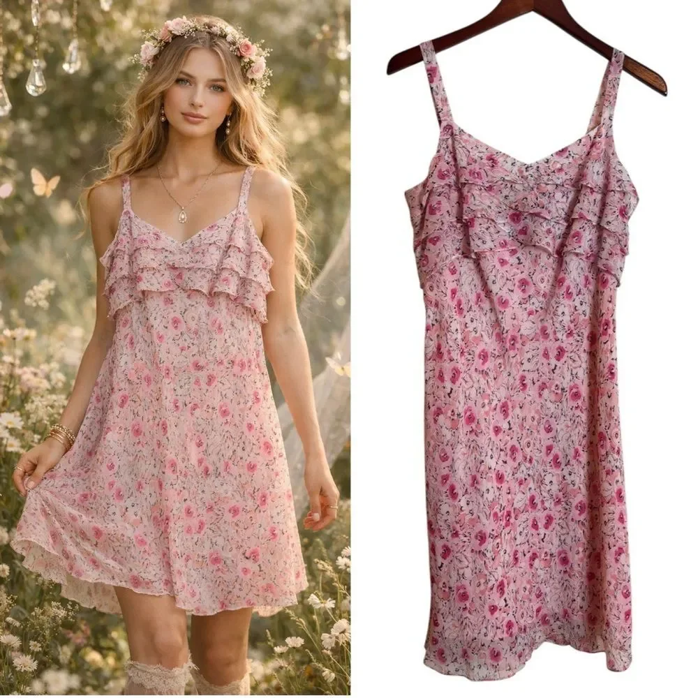 Vintage Y2K Ann Taylor Pink Floral Silk Fairy Dress 10 Petite Feminine Ruffled